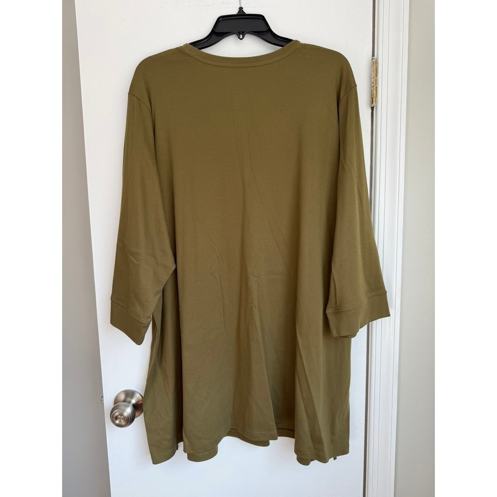 D&Co Essentials Olive Green 3/4 Sleeve Tunic Top Plus Size 4X Crew Neck Cotton - Picture 3 of 10